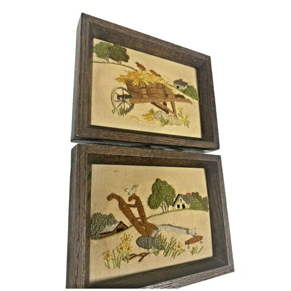 2 Cross Stitch Amish Country Plow Wheelbarrow Framed Hand Stitched Embroidered - Picture 10 of 12